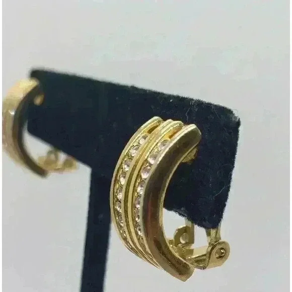 Vintage Hanae Mori Chanter Paris Clip Gold Rhinestone Earrings - Picture 2 of 11